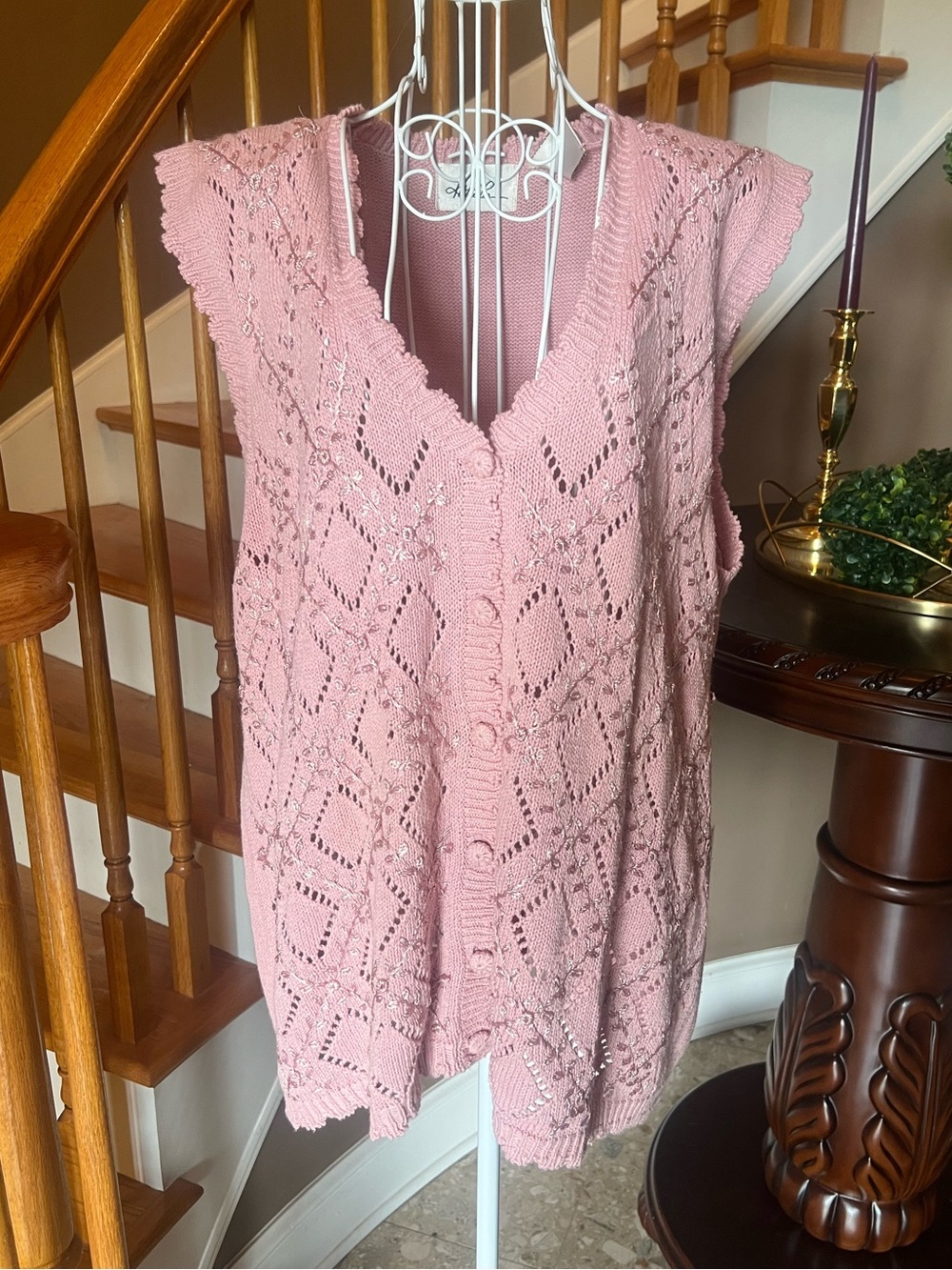 Vtg Cottagecore Embroidered Pink Floral Vest Fairy Granny Cotton Linen Sz 20W